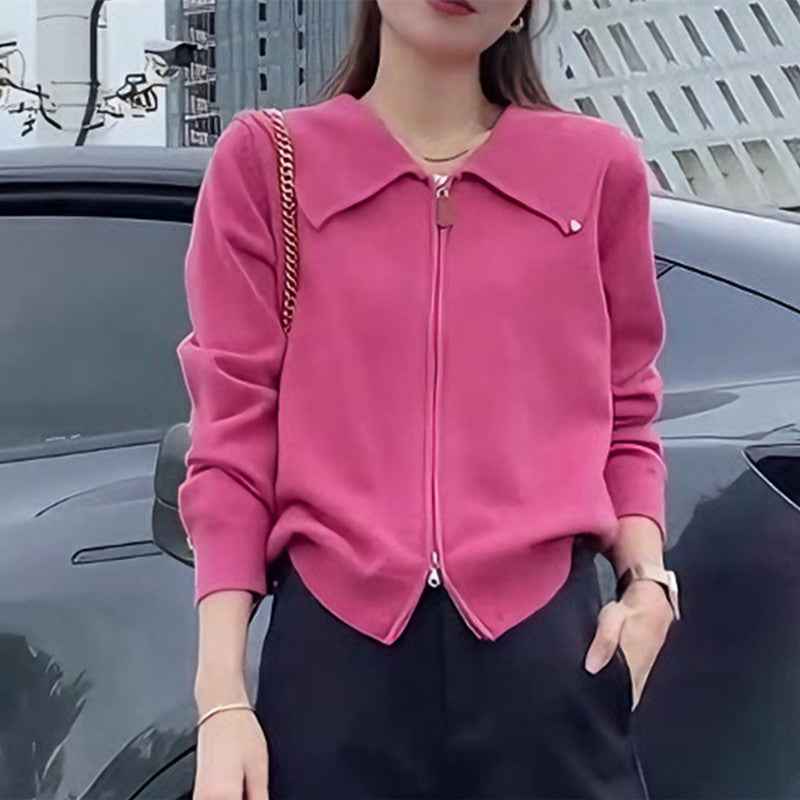 Chic Cardigan Sweater for Women with Double Zipper and Turn-Down Collar, Fashionable Autumn/Winter Top