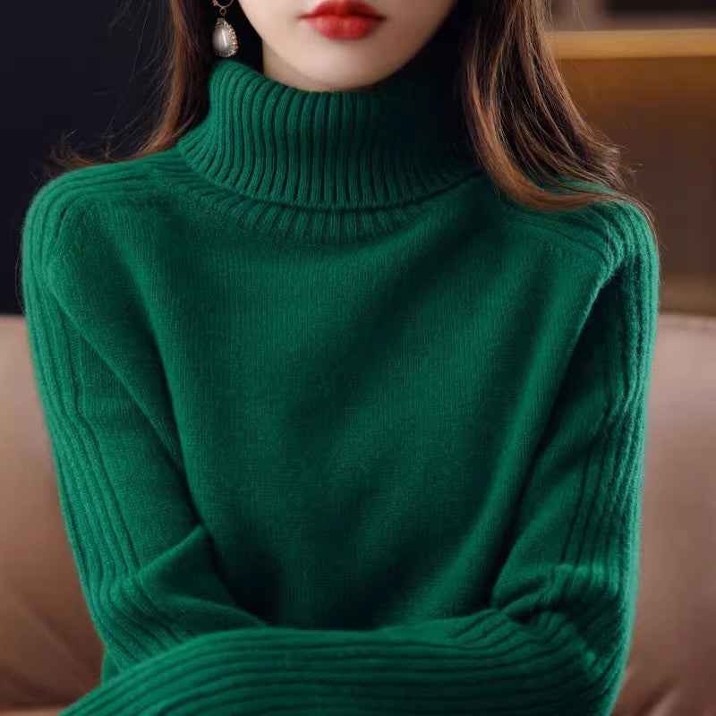 Chic Thick Knit Sweater Pullover with High Neck and Turn-Down Collar Loose Fit Slimming Top for Women
