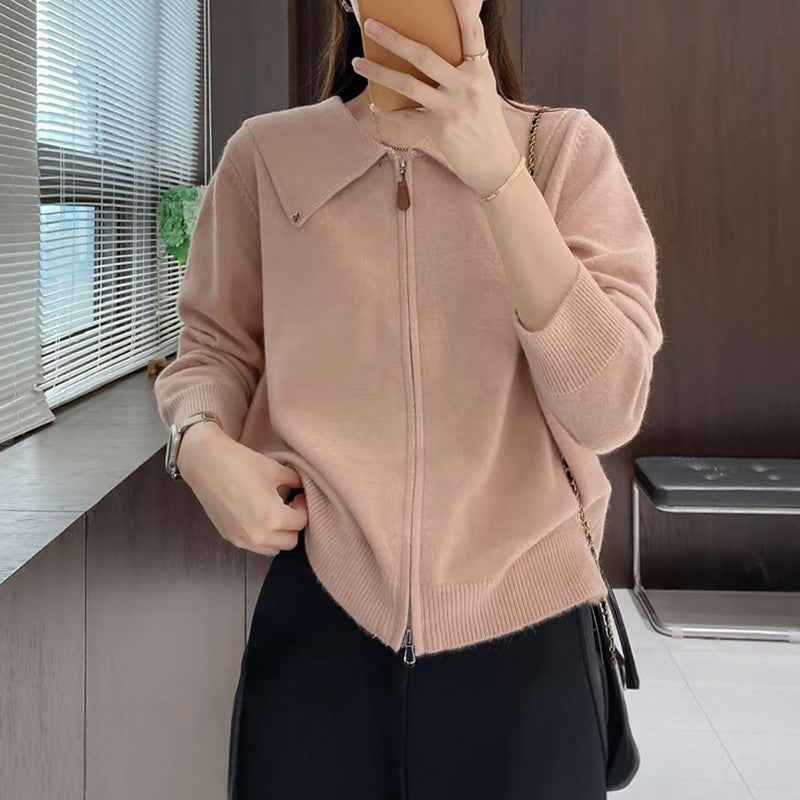 Chic Cardigan Sweater for Women with Double Zipper and Turn-Down Collar, Fashionable Autumn/Winter Top