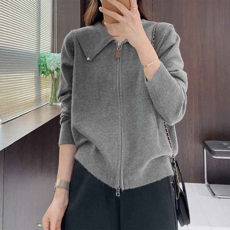 Chic Cardigan Sweater for Women with Double Zipper and Turn-Down Collar, Fashionable Autumn/Winter Top