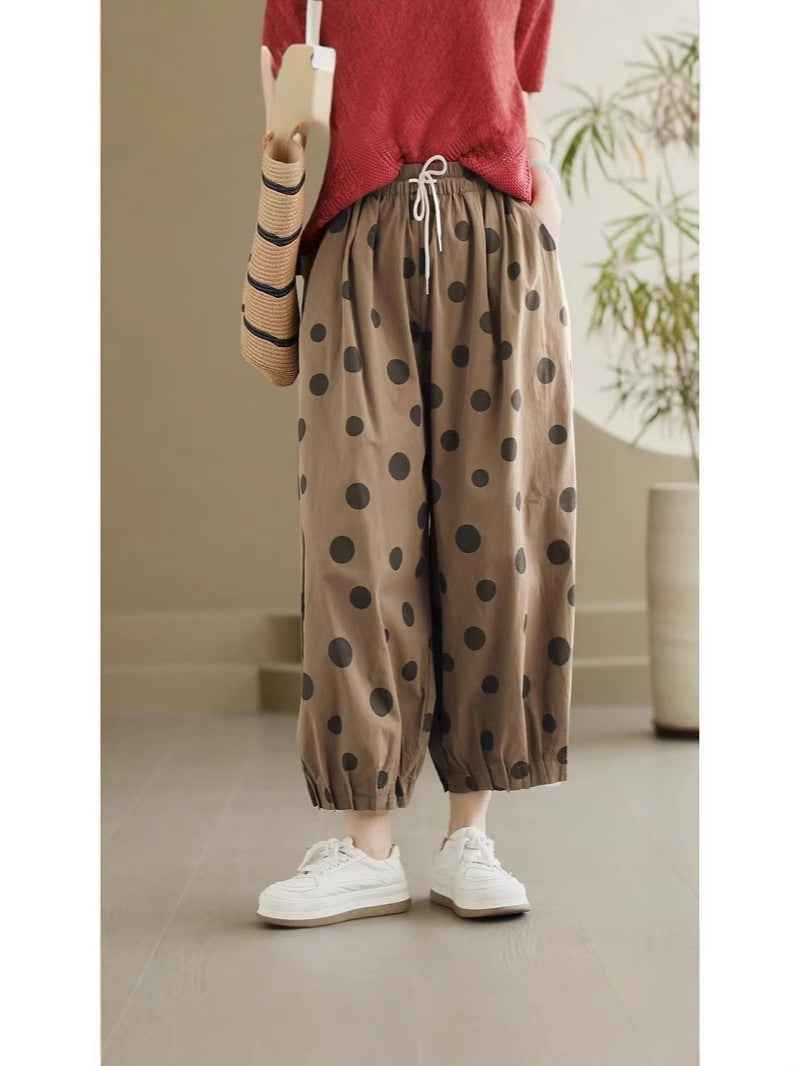2025 Summer New Style Artistic Polka Dot Casual Pants Retro Loose Simple High Quality Full Hem Cropped Straight Pants