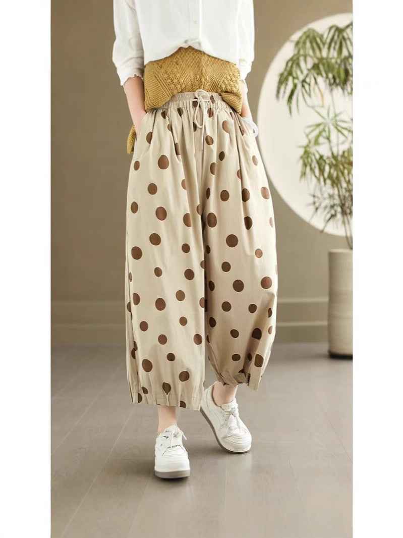 2025 Summer New Style Artistic Polka Dot Casual Pants Retro Loose Simple High Quality Full Hem Cropped Straight Pants