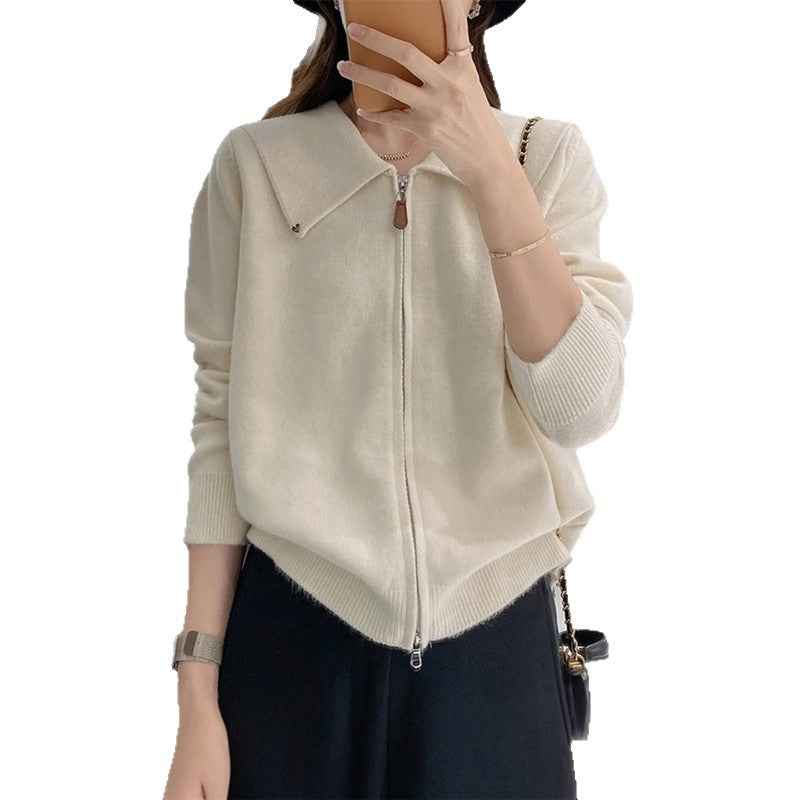 Chic Cardigan Sweater for Women with Double Zipper and Turn-Down Collar, Fashionable Autumn/Winter Top