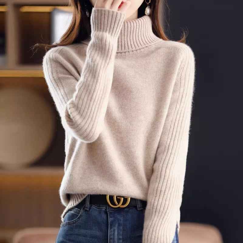 Chic Thick Knit Sweater Pullover with High Neck and Turn-Down Collar Loose Fit Slimming Top for Women