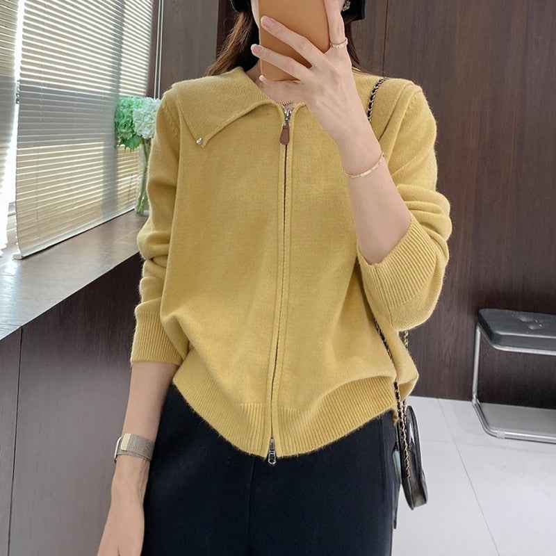Chic Cardigan Sweater for Women with Double Zipper and Turn-Down Collar, Fashionable Autumn/Winter Top