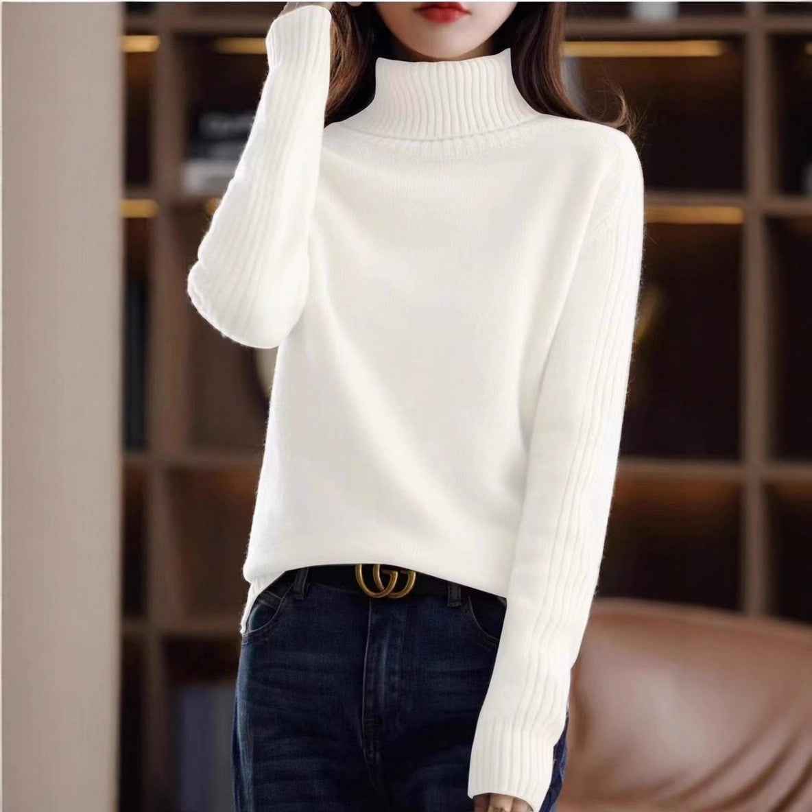 Chic Thick Knit Sweater Pullover with High Neck and Turn-Down Collar Loose Fit Slimming Top for Women