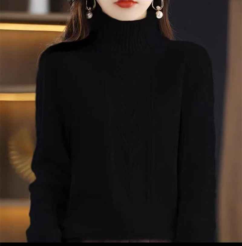 Chic Thick Knit Sweater Pullover with High Neck and Turn-Down Collar Loose Fit Slimming Top for Women