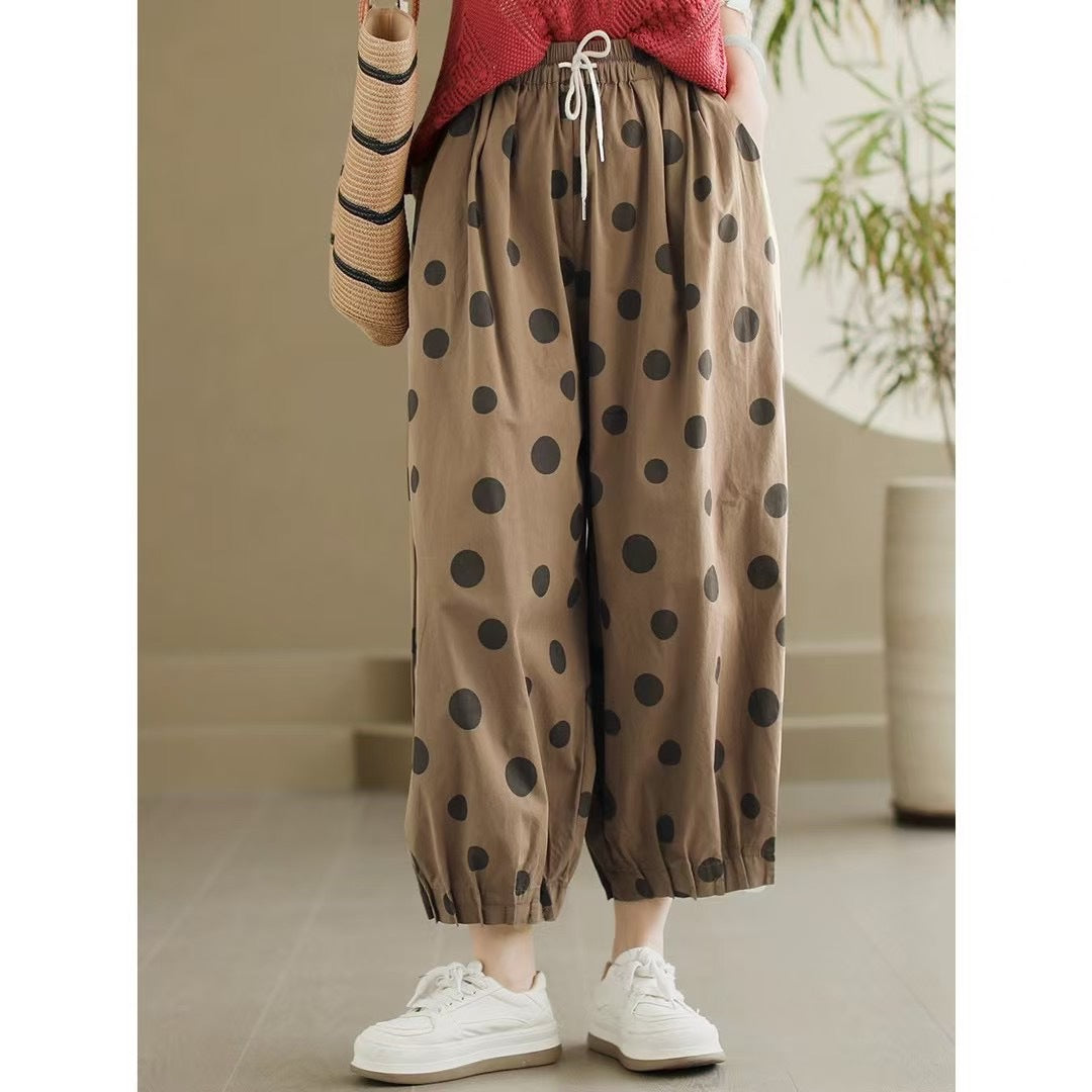 2025 Summer New Style Artistic Polka Dot Casual Pants Retro Loose Simple High Quality Full Hem Cropped Straight Pants