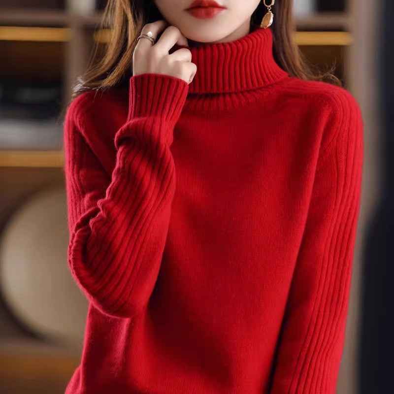 Chic Thick Knit Sweater Pullover with High Neck and Turn-Down Collar Loose Fit Slimming Top for Women