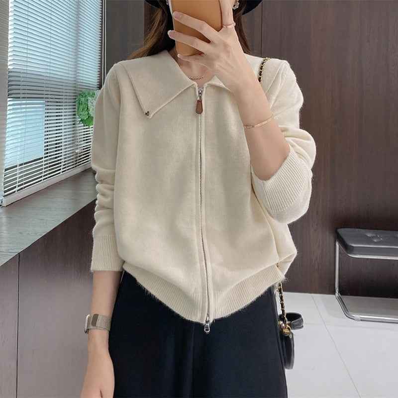 Chic Cardigan Sweater for Women with Double Zipper and Turn-Down Collar, Fashionable Autumn/Winter Top
