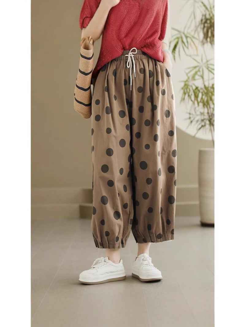 2025 Summer New Style Artistic Polka Dot Casual Pants Retro Loose Simple High Quality Full Hem Cropped Straight Pants