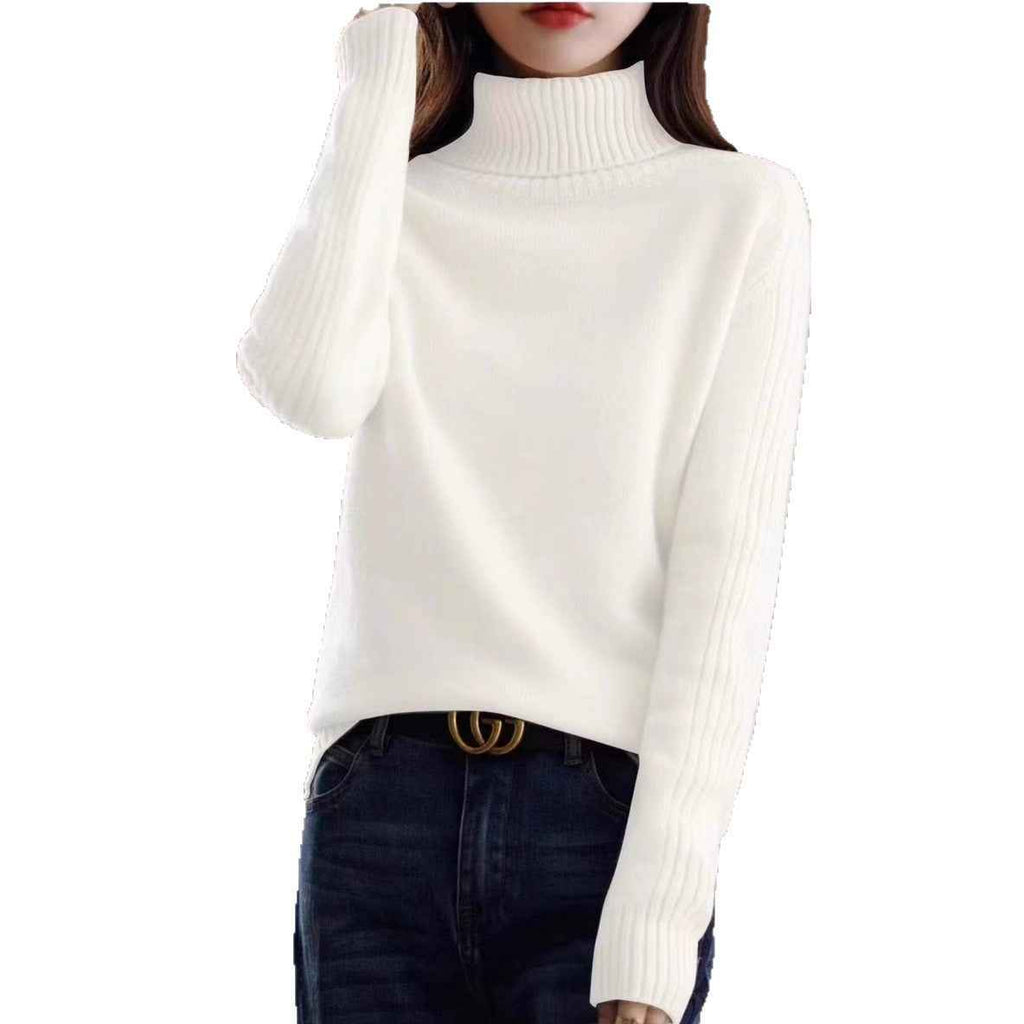 Chic Thick Knit Sweater Pullover with High Neck and Turn-Down Collar Loose Fit Slimming Top for Women
