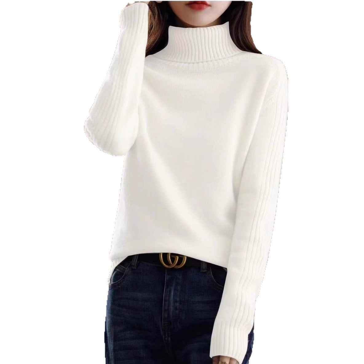 Chic Thick Knit Sweater Pullover with High Neck and Turn-Down Collar Loose Fit Slimming Top for Women