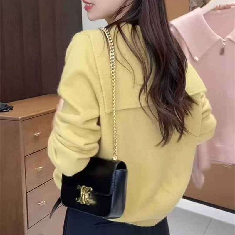 Chic Cardigan Sweater for Women with Double Zipper and Turn-Down Collar, Fashionable Autumn/Winter Top