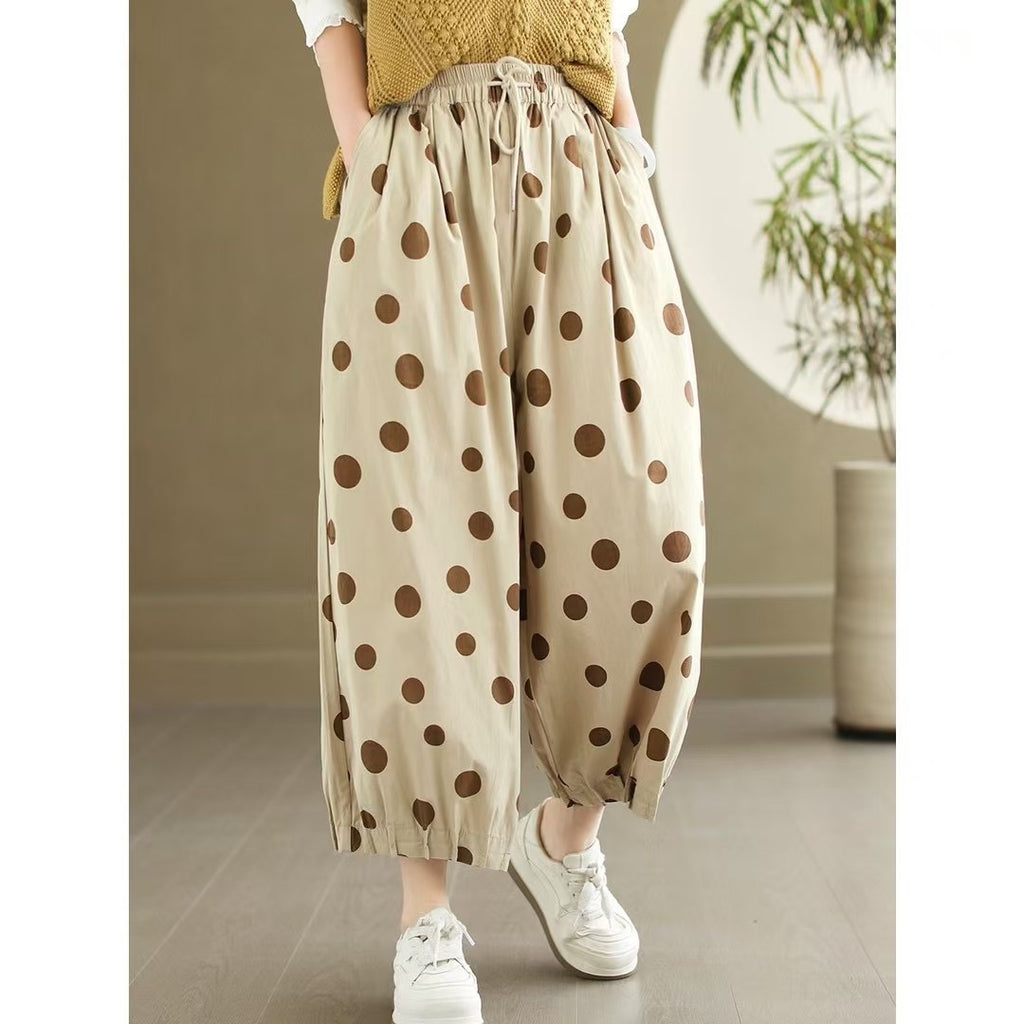 2025 Summer New Style Artistic Polka Dot Casual Pants Retro Loose Simple High Quality Full Hem Cropped Straight Pants