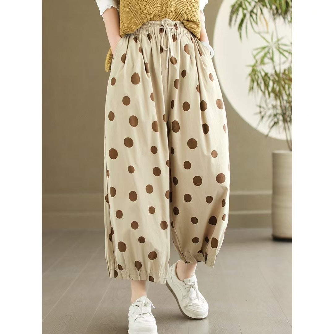 2025 Summer New Style Artistic Polka Dot Casual Pants Retro Loose Simple High Quality Full Hem Cropped Straight Pants