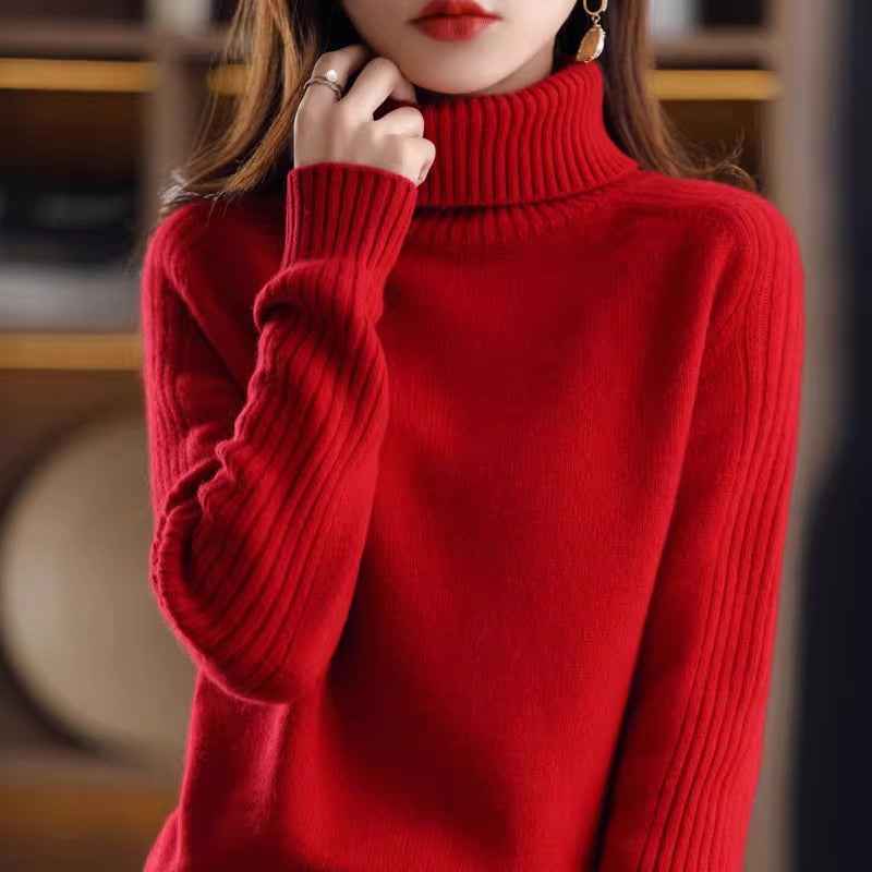 Chic Thick Knit Sweater Pullover with High Neck and Turn-Down Collar Loose Fit Slimming Top for Women