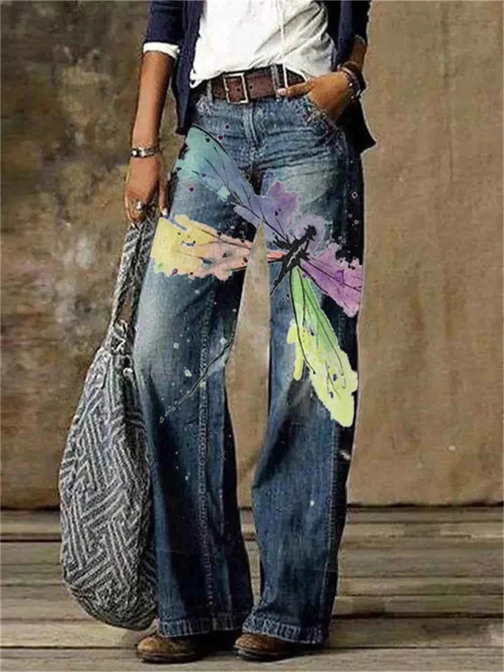 Women's Sexy Pattern Denim Straight Leg Pants Spring High Waisted Straight Leg Pants New Fashionable Casual Wide Leg Pants