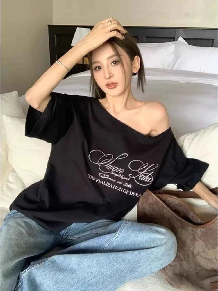 Oversized Grunge Solid Casual T-Shirt Pleated Vintage Simple Off Shoulder Tees Y2k Streetwear Tshirts Korean Y2k Tops Subculture
