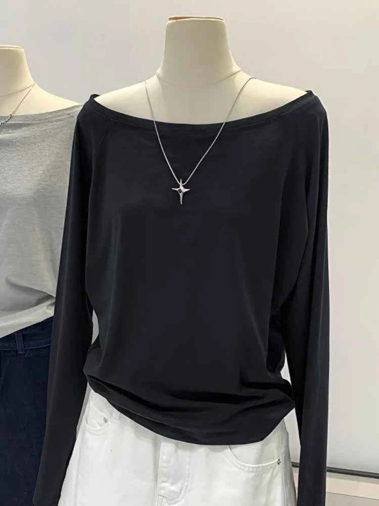 Oversized Grunge Solid Casual T-Shirt Pleated Vintage Simple Off Shoulder Tees Y2k Streetwear Tshirts Korean Y2k Tops Subculture