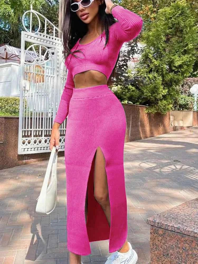 Knitted Sweater Skirt Sets Women Autumn Y2K Fashion Long Sleeve Crop Top Pullovers Elegant Sexy Split Long Skirt Two Piece Sets