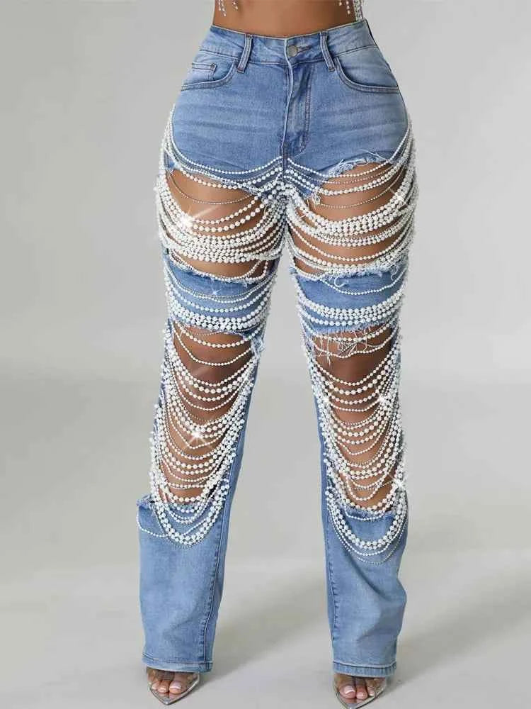 Y2K Rhinestone Ripped Skinny Jeans – Distressed Party & Night Out Denim