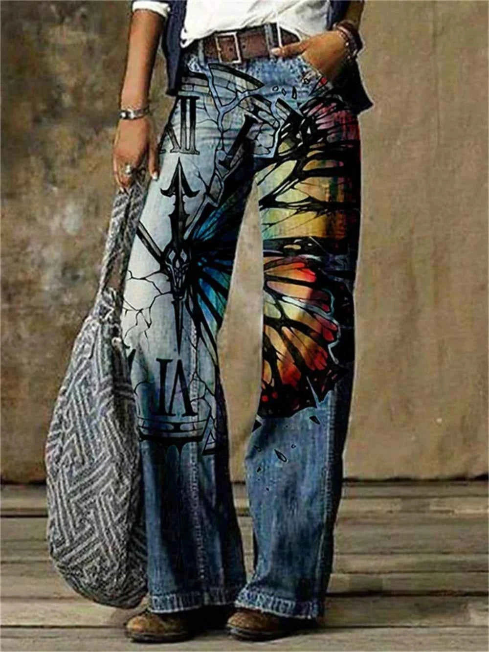 Women's Sexy Pattern Denim Straight Leg Pants Spring High Waisted Straight Leg Pants New Fashionable Casual Wide Leg Pants