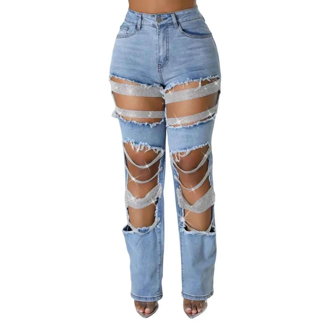 Y2K Rhinestone Ripped Skinny Jeans – Distressed Party & Night Out Denim