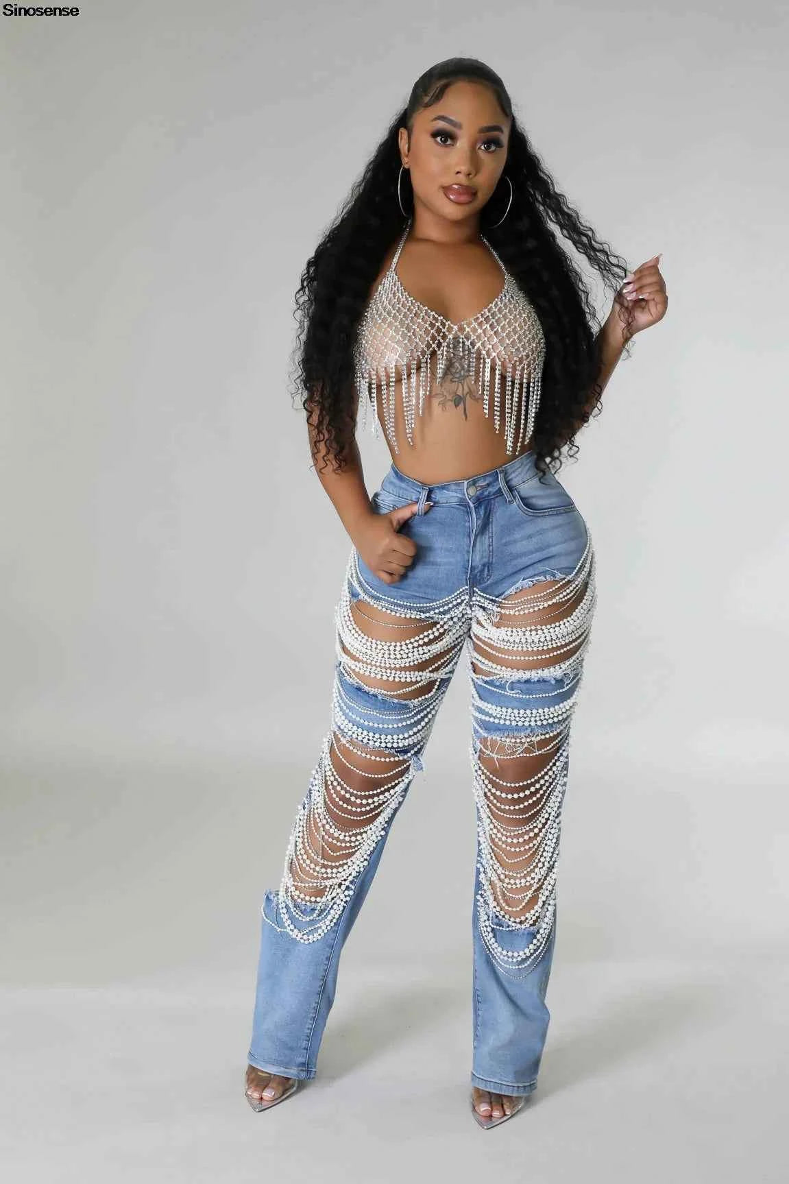 Y2K Rhinestone Ripped Skinny Jeans – Distressed Party & Night Out Denim