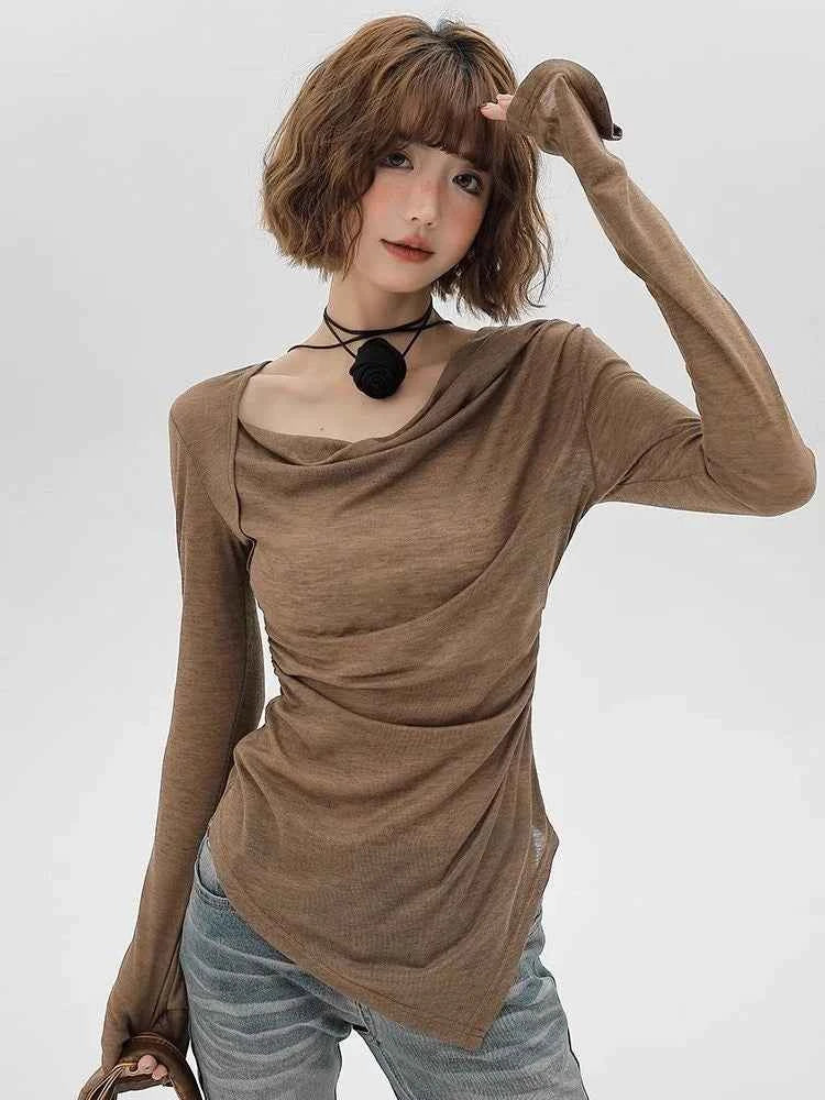 Oversized Grunge Solid Casual T-Shirt Pleated Vintage Simple Off Shoulder Tees Y2k Streetwear Tshirts Korean Y2k Tops Subculture