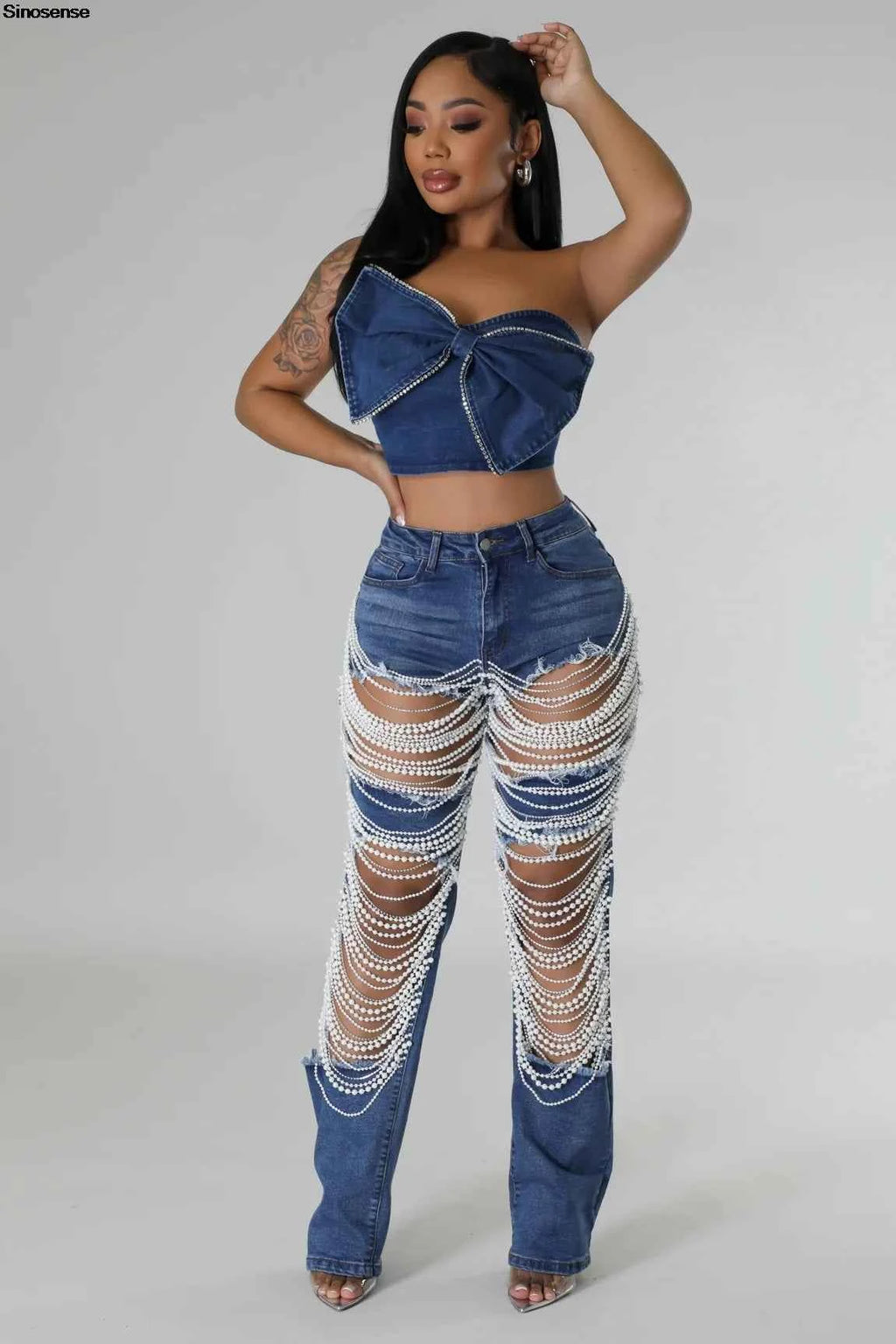 Y2K Rhinestone Ripped Skinny Jeans – Distressed Party & Night Out Denim