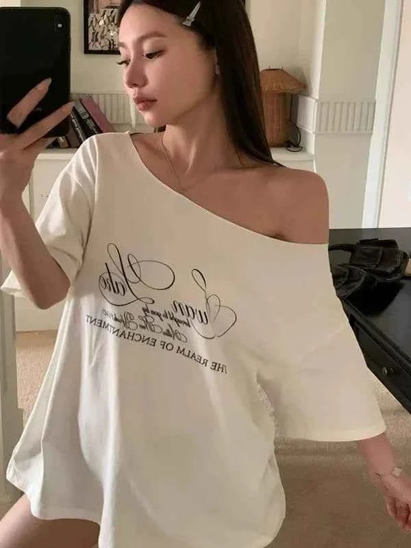 Oversized Grunge Solid Casual T-Shirt Pleated Vintage Simple Off Shoulder Tees Y2k Streetwear Tshirts Korean Y2k Tops Subculture