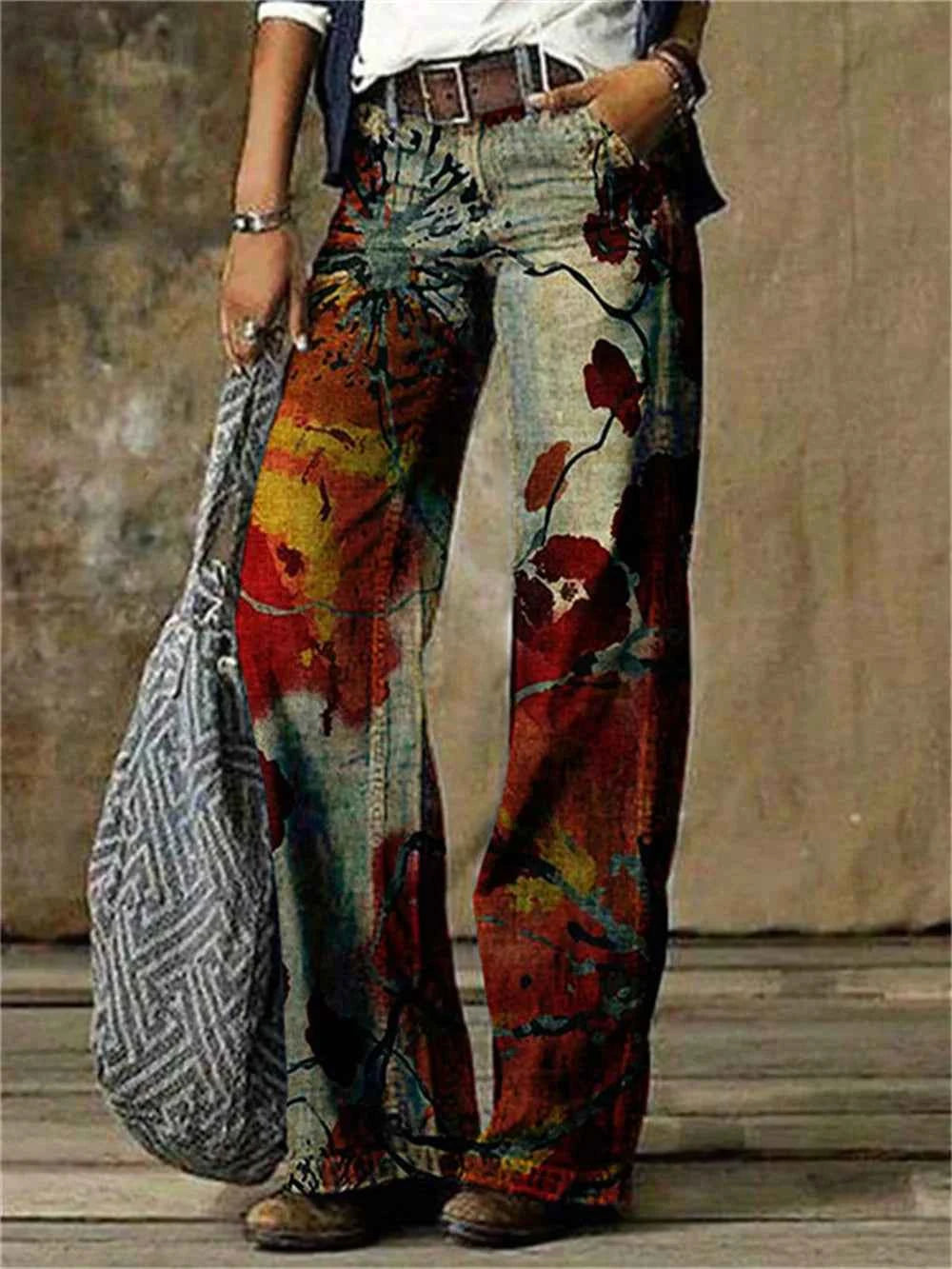 Women's Sexy Pattern Denim Straight Leg Pants Spring High Waisted Straight Leg Pants New Fashionable Casual Wide Leg Pants