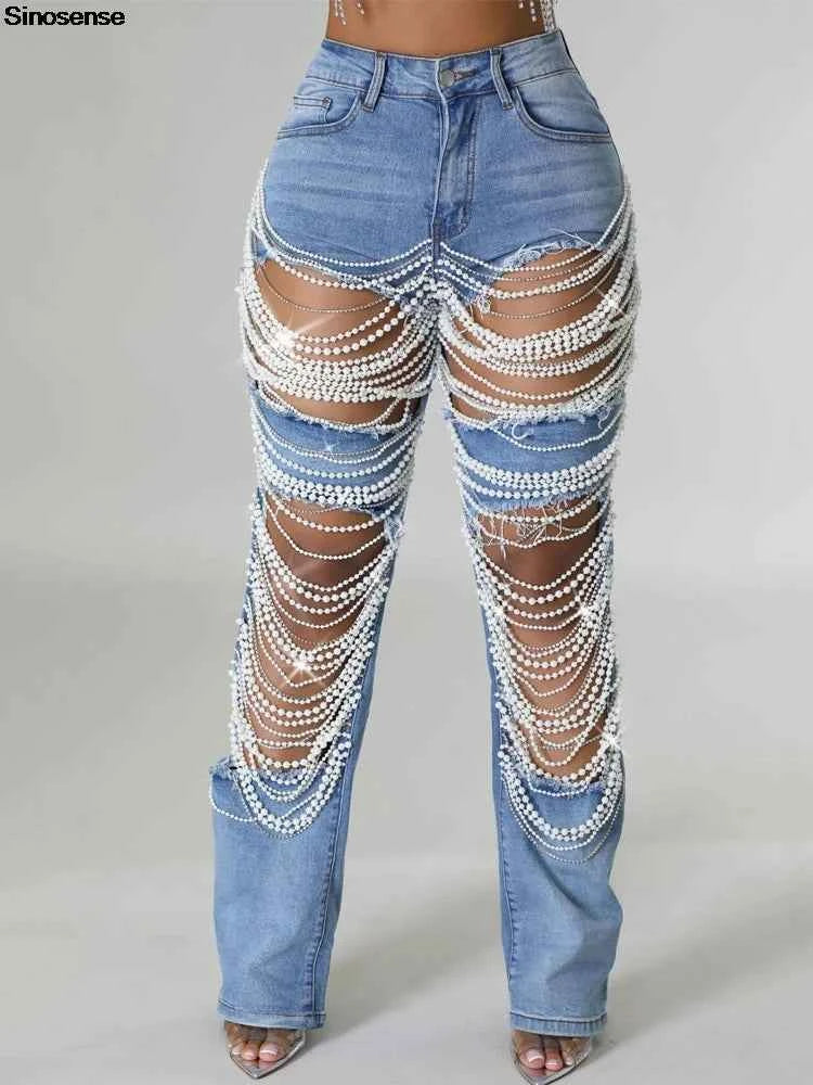 Y2K Rhinestone Ripped Skinny Jeans – Distressed Party & Night Out Denim