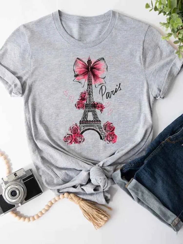 Short Sleeve Butterfly Bow Sweet Flower Fashion Summer Women Print T Shirt Female Casual Top Tshirts Cartoon Graphic Tee T-Shirt