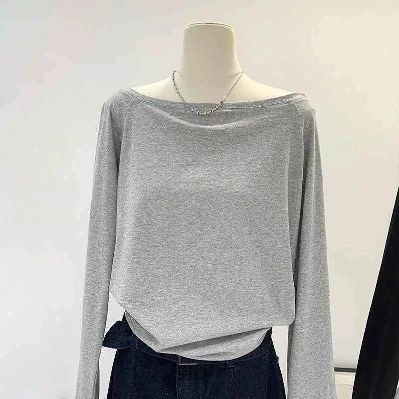 Oversized Grunge Solid Casual T-Shirt Pleated Vintage Simple Off Shoulder Tees Y2k Streetwear Tshirts Korean Y2k Tops Subculture