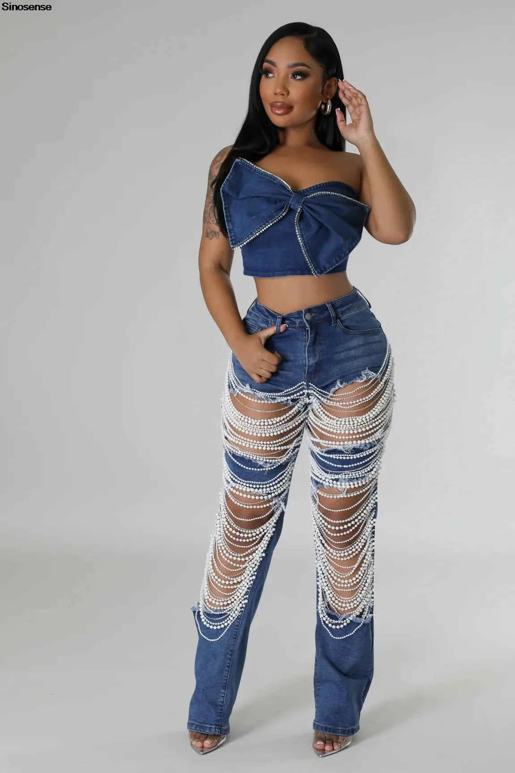 Y2K Rhinestone Ripped Skinny Jeans – Distressed Party & Night Out Denim