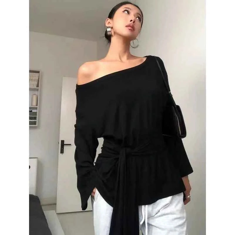 Oversized Grunge Solid Casual T-Shirt Pleated Vintage Simple Off Shoulder Tees Y2k Streetwear Tshirts Korean Y2k Tops Subculture