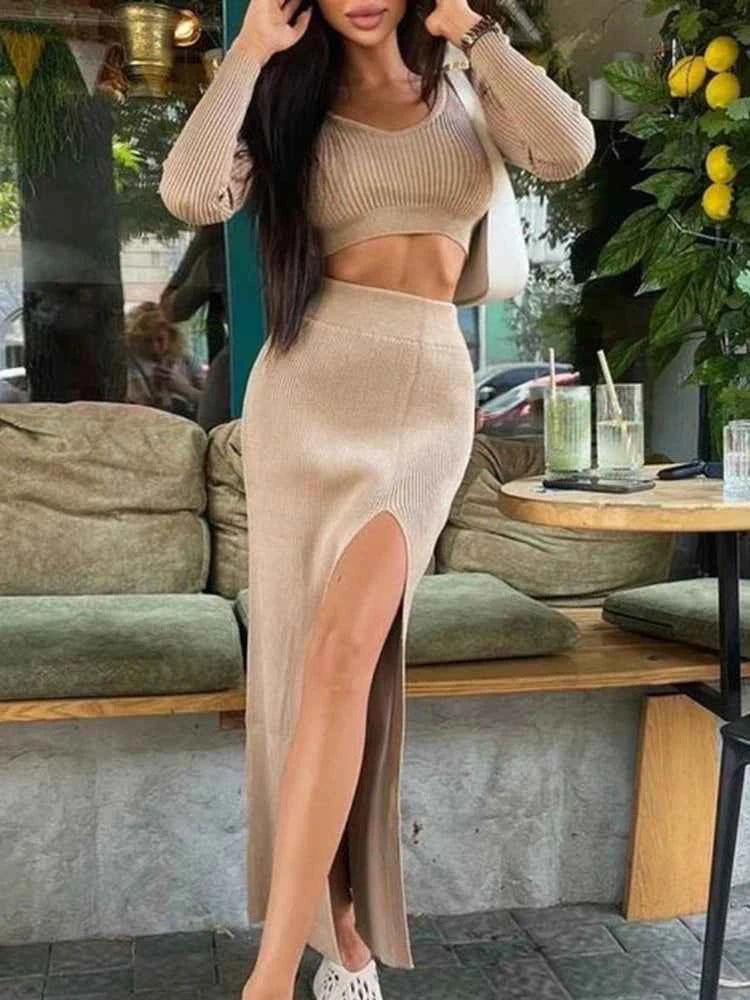 Knitted Sweater Skirt Sets Women Autumn Y2K Fashion Long Sleeve Crop Top Pullovers Elegant Sexy Split Long Skirt Two Piece Sets