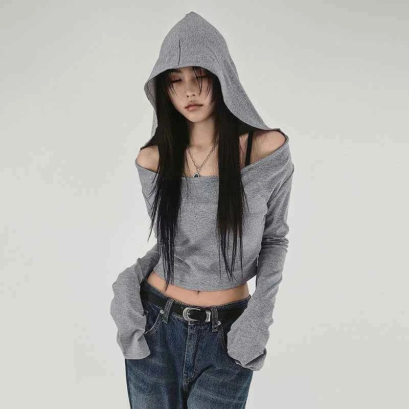 Oversized Grunge Solid Casual T-Shirt Pleated Vintage Simple Off Shoulder Tees Y2k Streetwear Tshirts Korean Y2k Tops Subculture