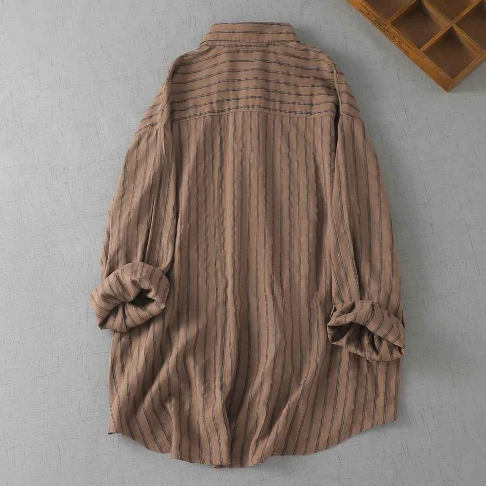 SuperAen Vertical Striped Linen Shirt Women's Autumn Casual Japanese Layered Shirt Long-sleeved Casual Shirts