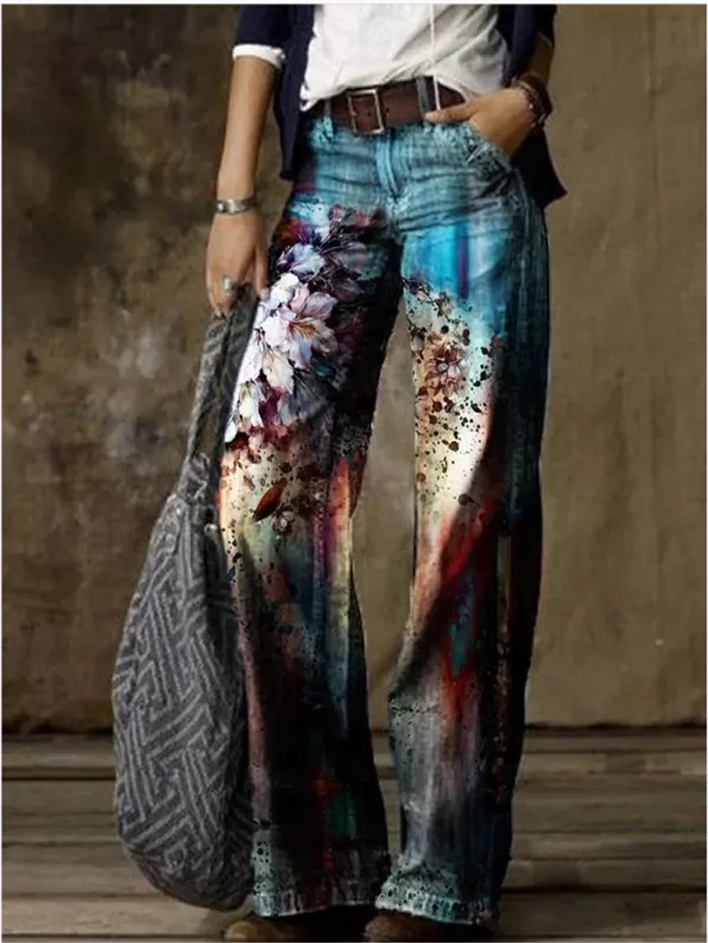 Women's Sexy Pattern Denim Straight Leg Pants Spring High Waisted Straight Leg Pants New Fashionable Casual Wide Leg Pants