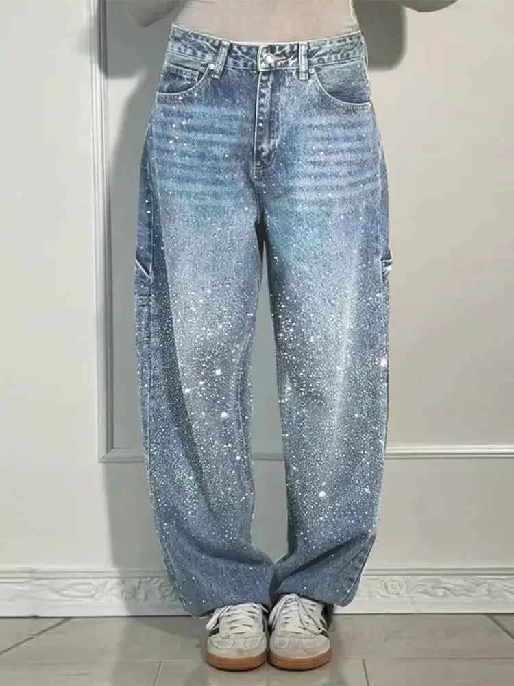 Shiny Rhinestone Baggy Women's Wide Leg Jeans Full Diamond Wide Leg Dragging Denim Pants Vintage Washed Pants Casual Trousers