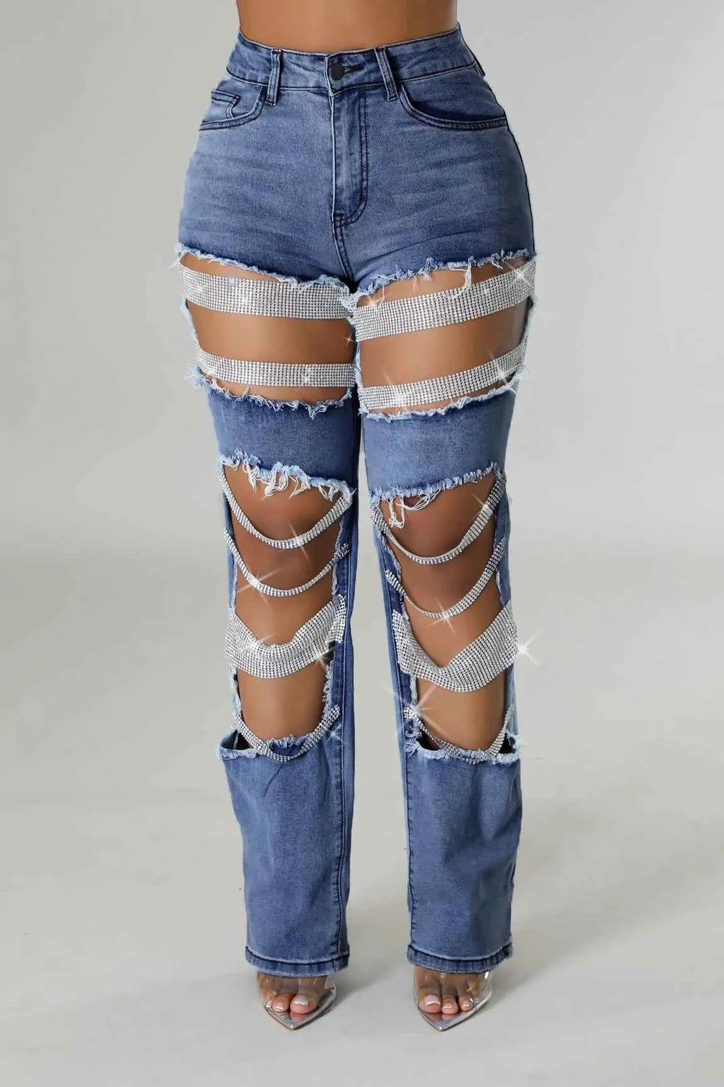 Y2K Rhinestone Ripped Skinny Jeans – Distressed Party & Night Out Denim