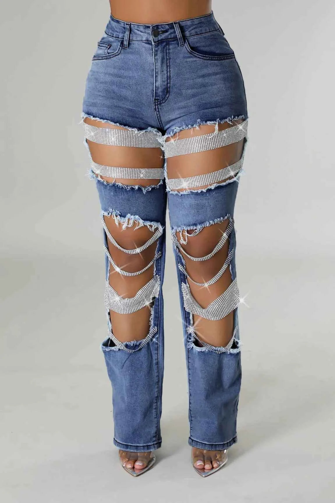 Y2K Rhinestone Ripped Skinny Jeans – Distressed Party & Night Out Denim