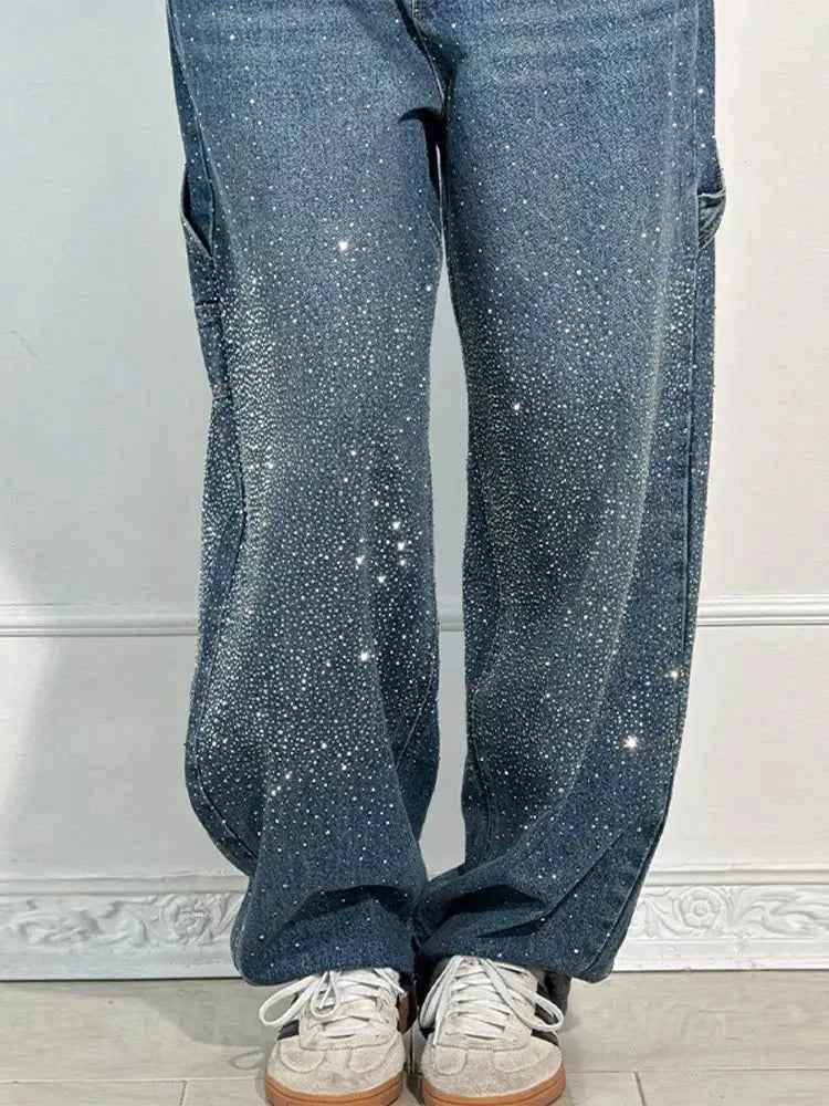 Shiny Rhinestone Baggy Women's Wide Leg Jeans Full Diamond Wide Leg Dragging Denim Pants Vintage Washed Pants Casual Trousers