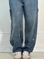 Shiny Rhinestone Baggy Women's Wide Leg Jeans Full Diamond Wide Leg Dragging Denim Pants Vintage Washed Pants Casual Trousers