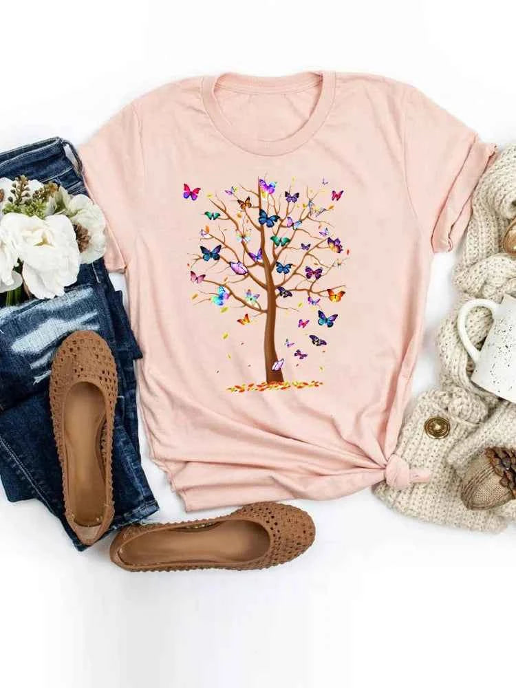Short Sleeve Butterfly Bow Sweet Flower Fashion Summer Women Print T Shirt Female Casual Top Tshirts Cartoon Graphic Tee T-Shirt