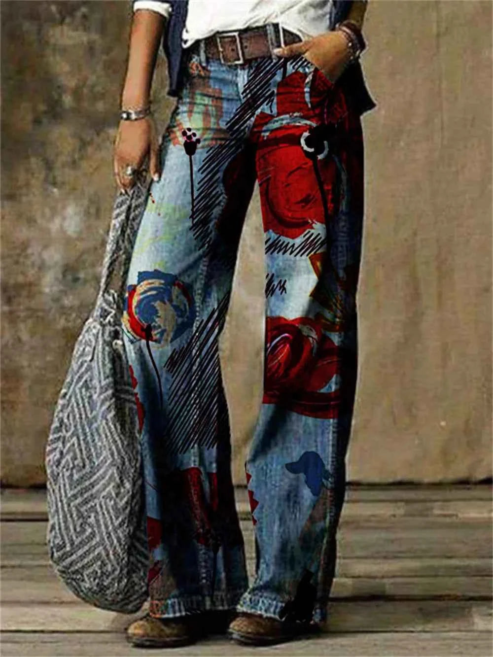 Women's Sexy Pattern Denim Straight Leg Pants Spring High Waisted Straight Leg Pants New Fashionable Casual Wide Leg Pants