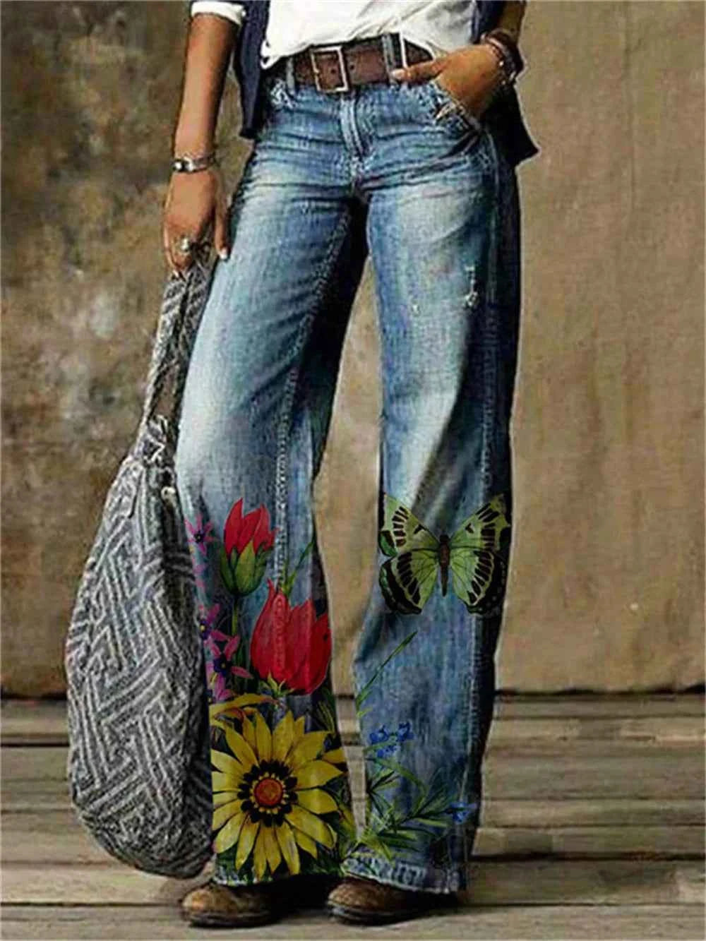 Women's Sexy Pattern Denim Straight Leg Pants Spring High Waisted Straight Leg Pants New Fashionable Casual Wide Leg Pants